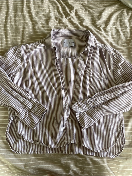 Lola River Tops - Lola River Women's Striped Button-Down Shirt in Brown and White